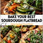 Golden sourdough veggie flatbread topped with fresh greens and herbs showing an Easy Sourdough Flat Bread Recipe.